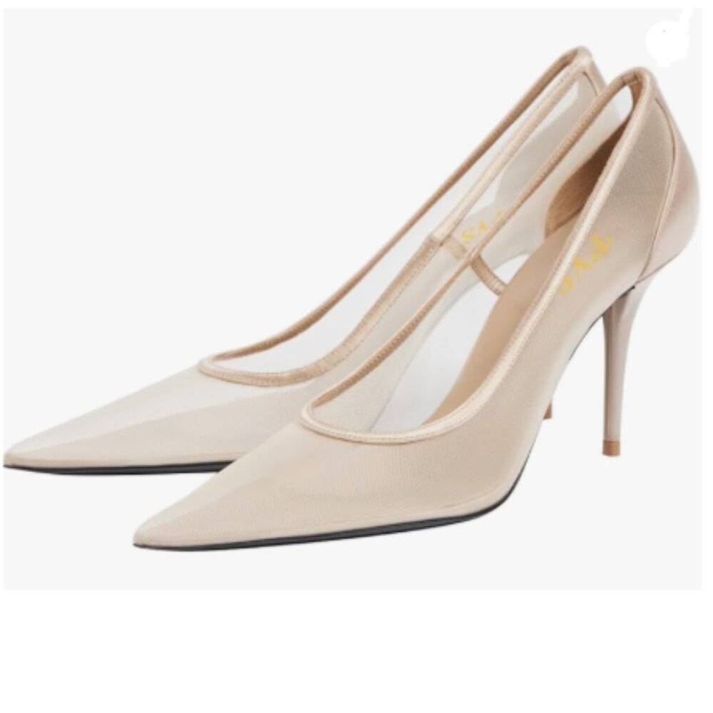 FYS Nude Pointed Toe Slip on Pumps Sexy Mesh Stiletto High Heels Fashion Shoes